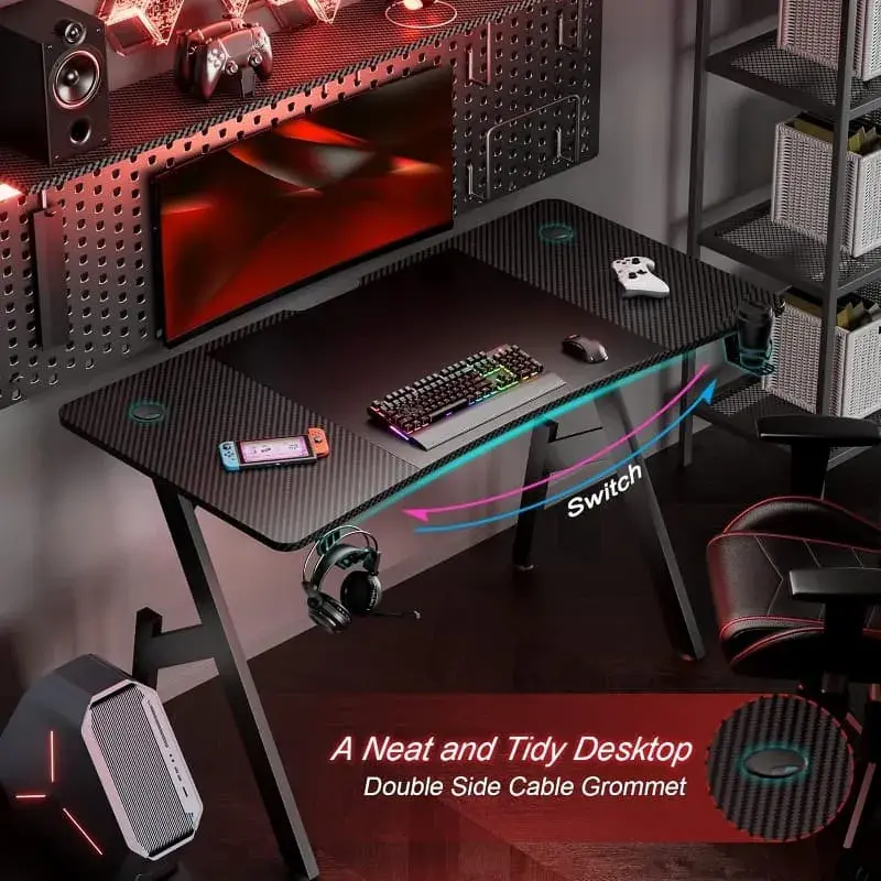 Bureau Gaming Ergonomique en Carbone avec Support Gobelet et Casque - HLFURNIEU – Image 3