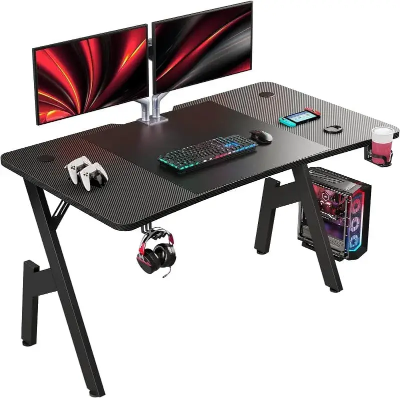 Bureau Gaming Ergonomique en Carbone avec Support Gobelet et Casque - HLFURNIEU